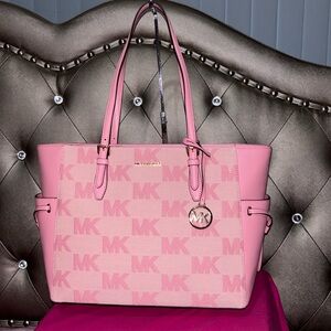 Michael Kors Gilly Large Draw String Tote Shoulder Bag MK Graphic Logo Carnation
